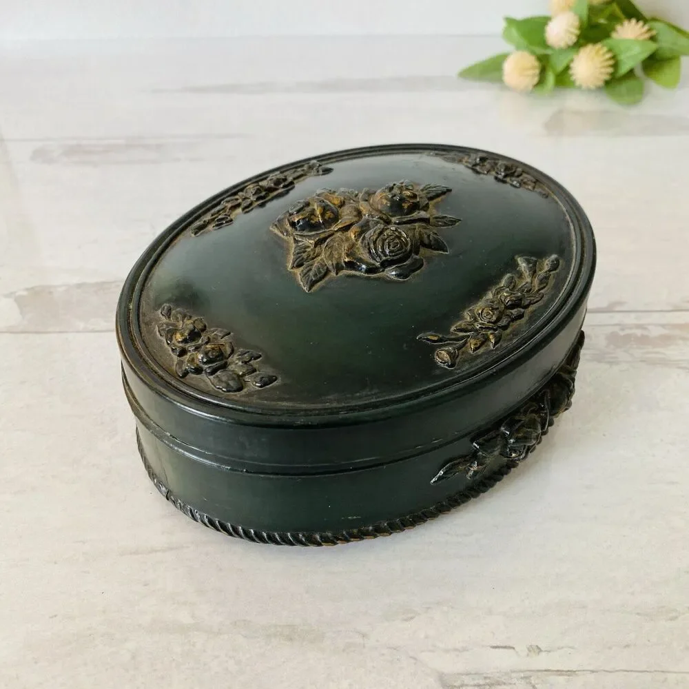 Vintage Victorian Revival Imitation Jet Carved Roses Jewelry Box Black Gothic